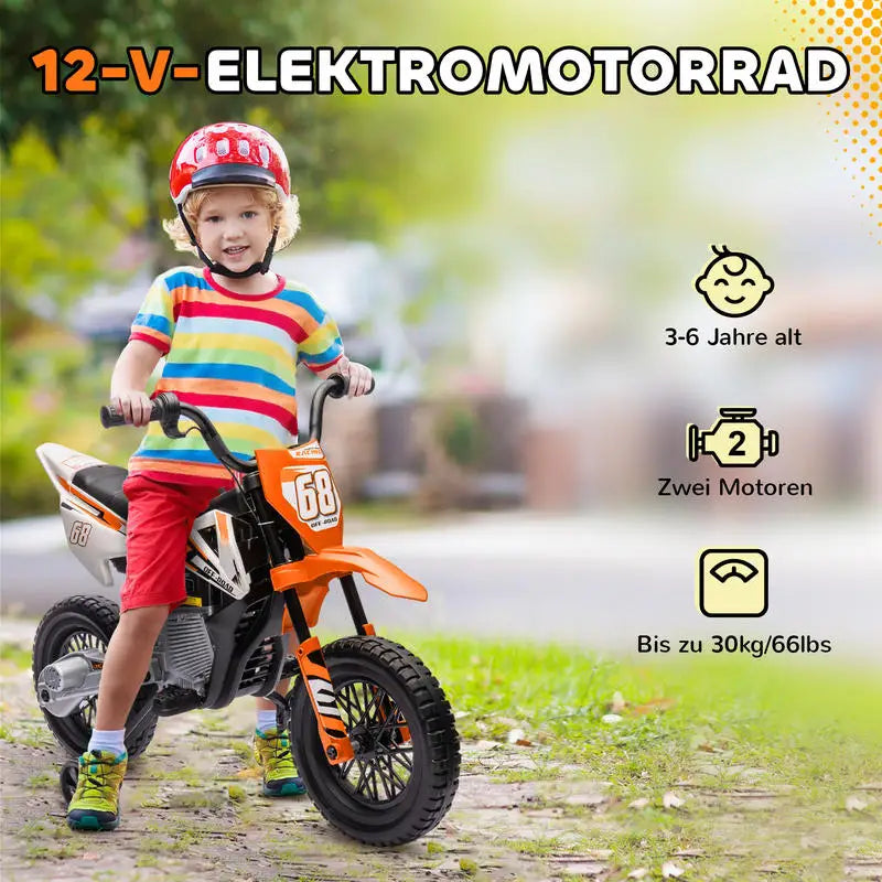 Electric Motorcycle for Children, 12V Children's Motorcycle with Music, Children's Vehicle with Training Wheels, 3-6 Years, Orange