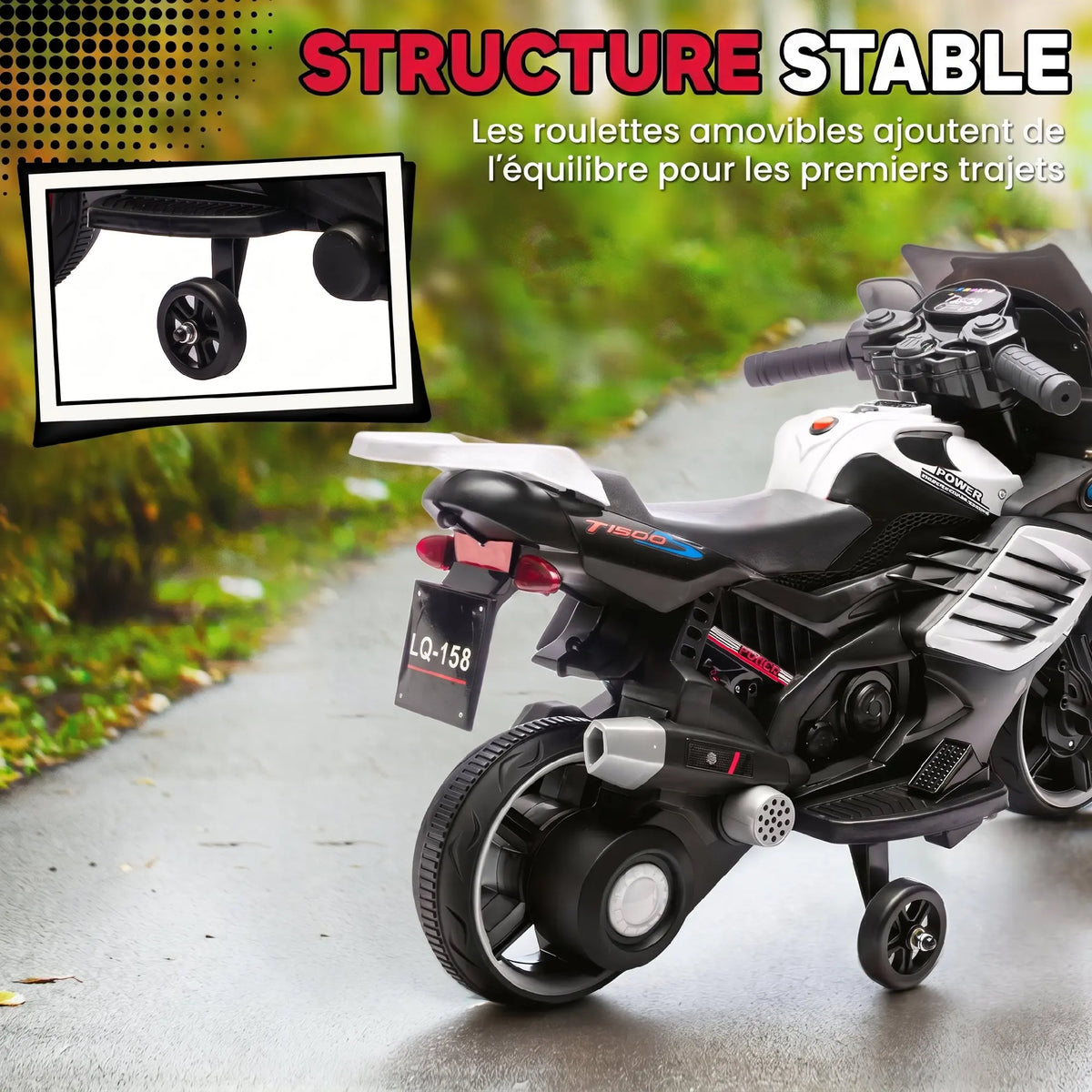 Electric motorcycle for children, 6V, electric motorcycle for kids, with training wheels, light and sound effects, white, electric toy motorcycle, bike, riding motorcycle