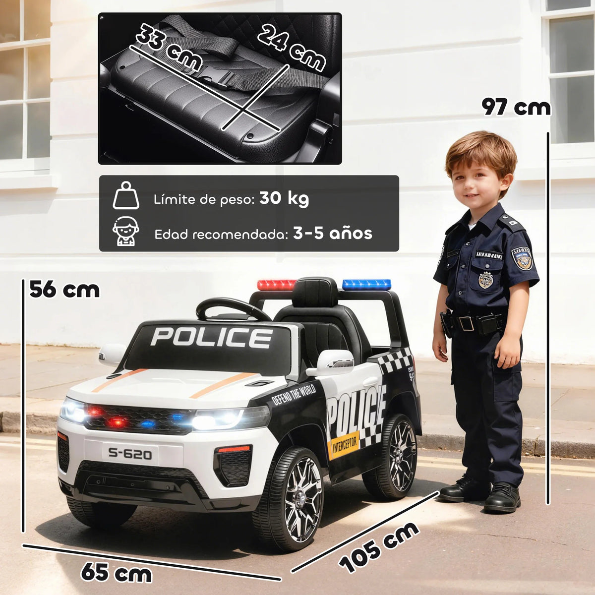 Aiyaplay Electric Police Car for Children with Double Motor, Siren, 4 Wheel Suspension and Headlights