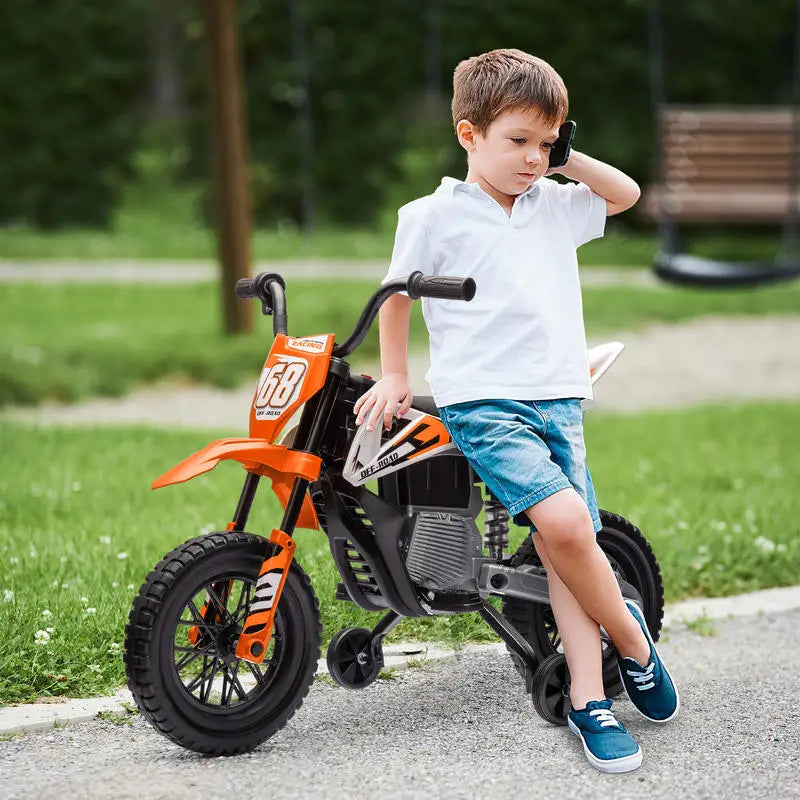 Electric Motorcycle for Children, 12V Children's Motorcycle with Music, Children's Vehicle with Training Wheels, 3-6 Years, Orange