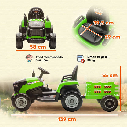 Electric Tractor for Children with Detachable Trailer 12V Battery Speed 3-5 Km/H
