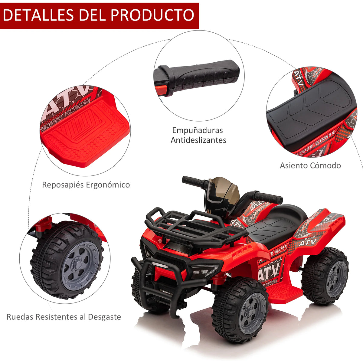 Electric quad for children +18 months, 6V battery-powered electric vehicle with a speed of 2 km/h, 70x42x45 cm, red