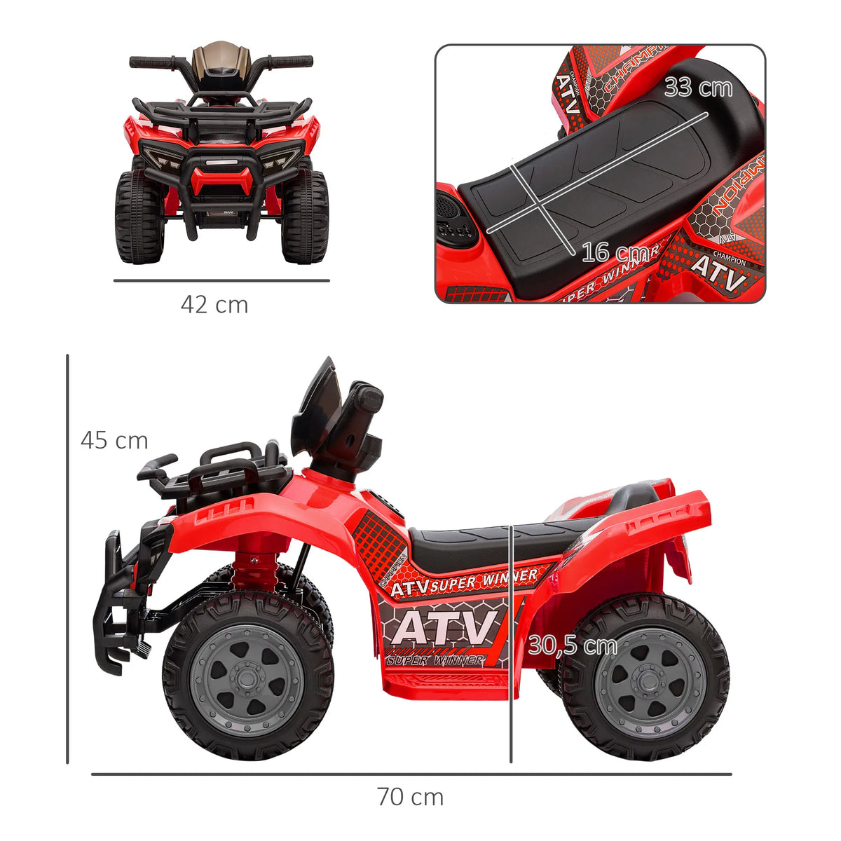 Electric quad for children +18 months, 6V battery-powered electric vehicle with a speed of 2 km/h, 70x42x45 cm, red