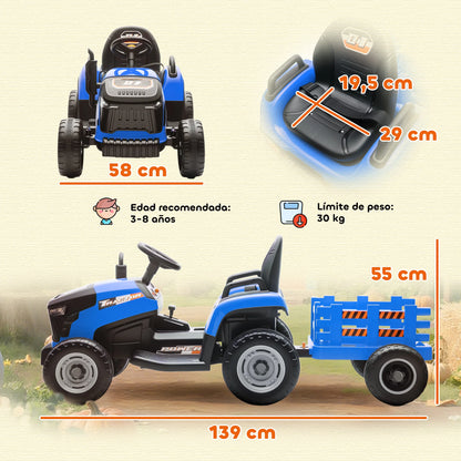 Electric Tractor for Children with Detachable Trailer 12V Battery Speed 3-5 Km/H