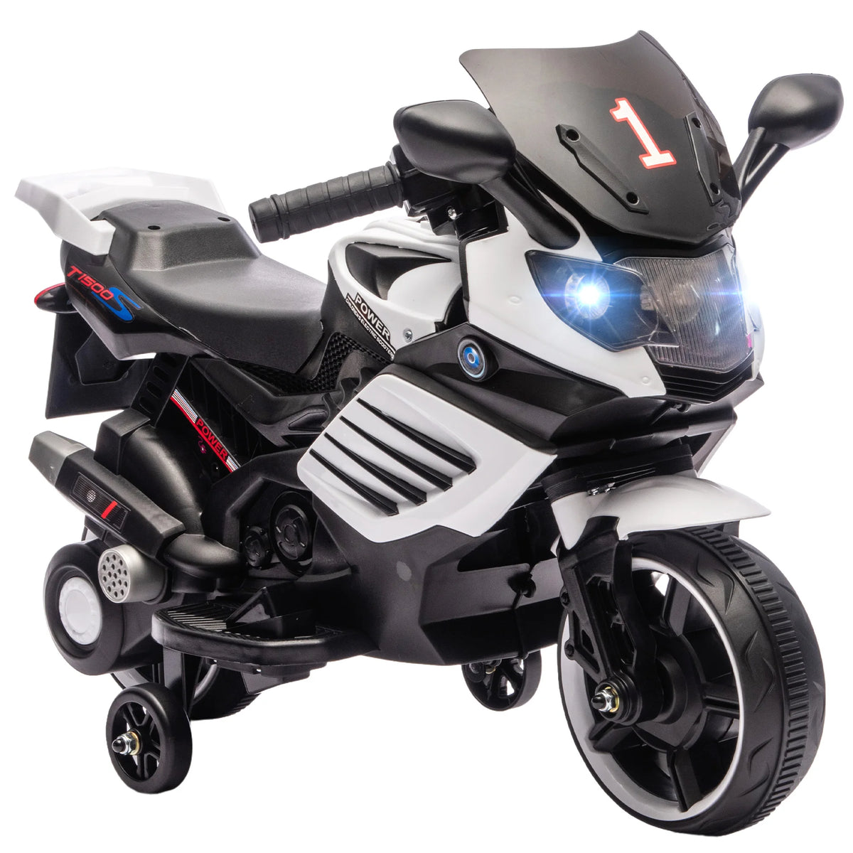 Electric motorcycle for children, 6V, electric motorcycle for kids, with training wheels, light and sound effects, white, electric toy motorcycle, bike, riding motorcycle