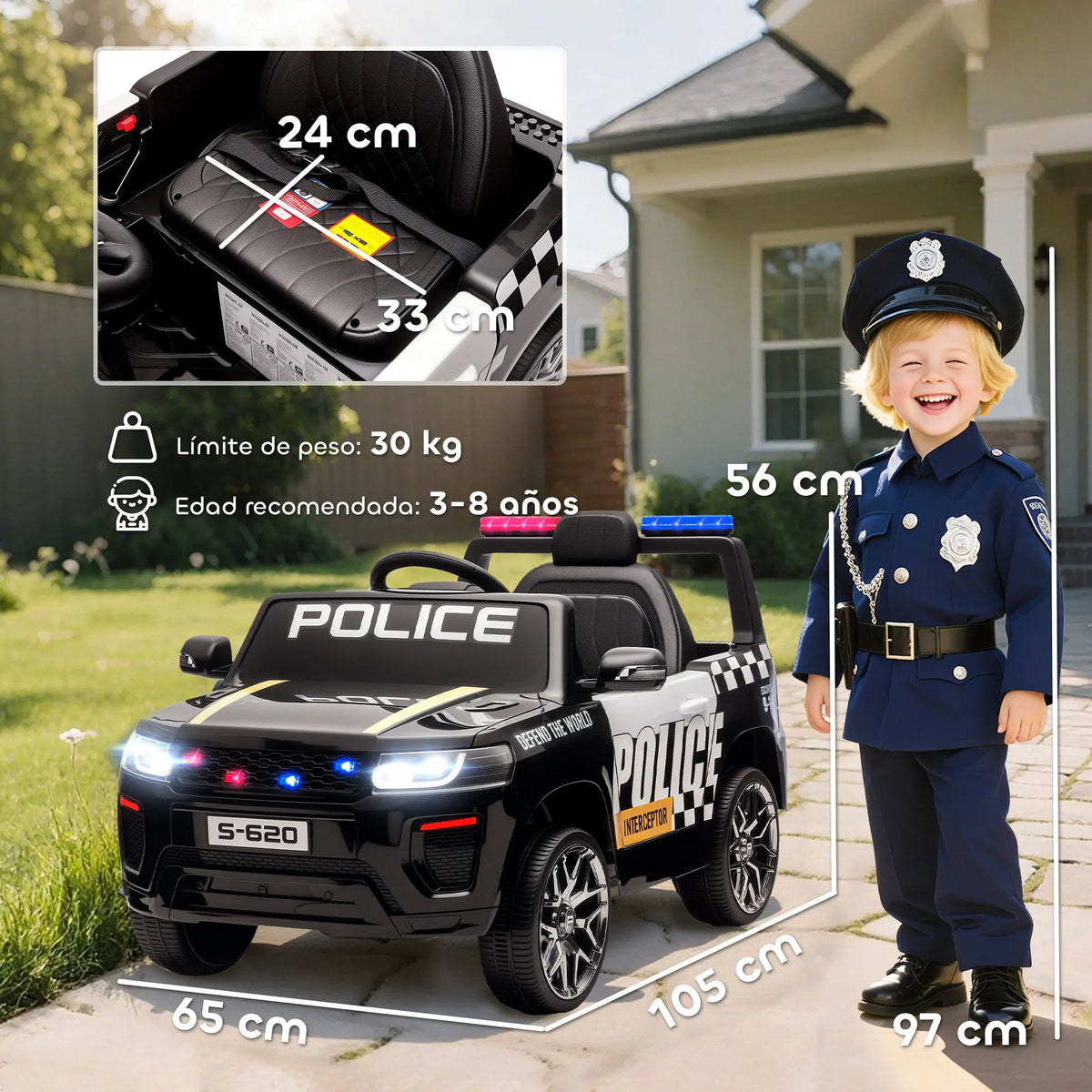 Aiyaplay Electric Police Car for Children with Double Motor, Siren, 4 Wheel Suspension and Headlights