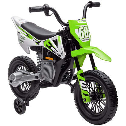 Aiyaplay 2*12V Powerful Motors Max Speed Electric Dirt Bike Kids Electric Motorbike 5 Km/H, Training Wheels and Suspension System, Music, for 3-6 Years, Green
