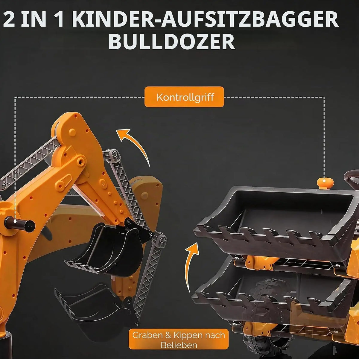 4-in-1 Kids Electric Tractor Excavator 12V Ride-On Car Front Loader/Shovel & Bulldozer Function |   2.4g Remote Control |   2–4 Km/H