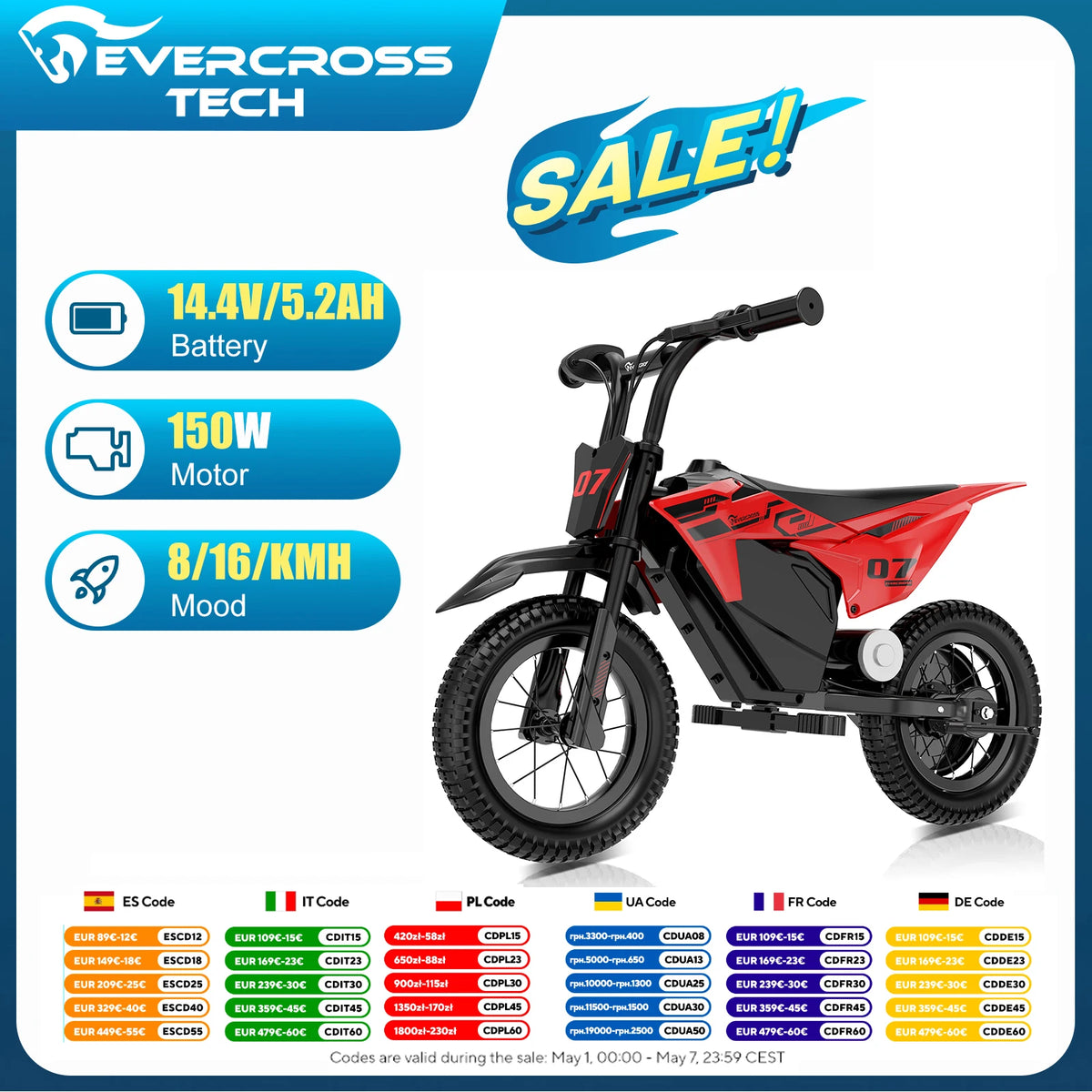 EVERCROSS TECH EV13M-children's electric Motorbike 150W - 2 speeds (8/16 km/h) -12 km autonomy-12 "off-road tires-for