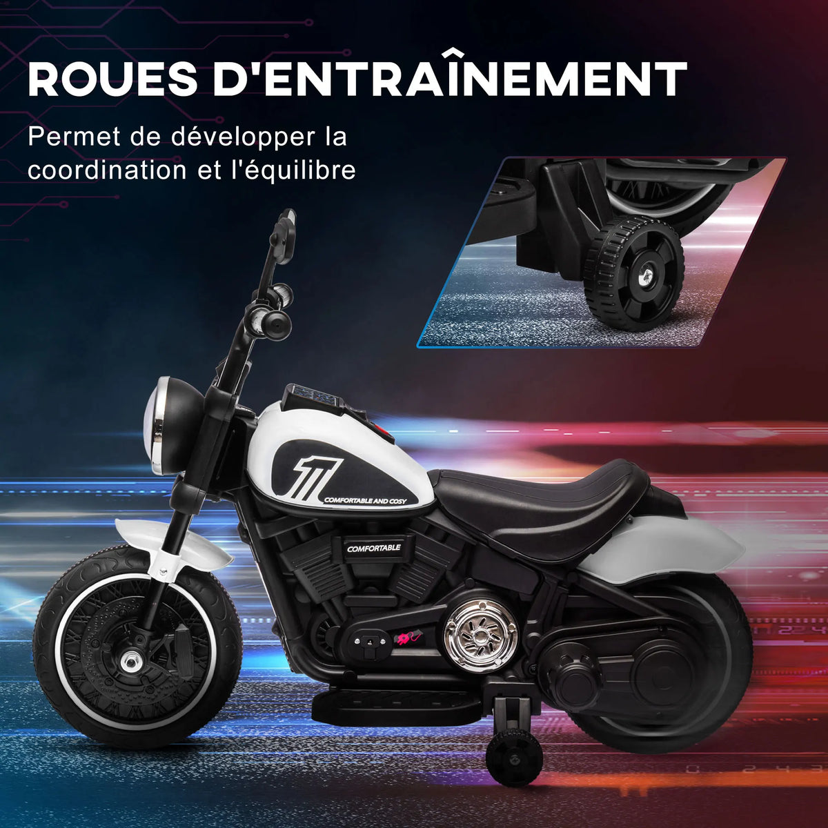 Children's Electric Motorcycle 3km/h 6V with LED Headlight 2 Driving Wheels 18-36 Months with Powerful Motor White, Children's Toy Motorcycle, Ride-on Motorcycle, Electric Motorcycle