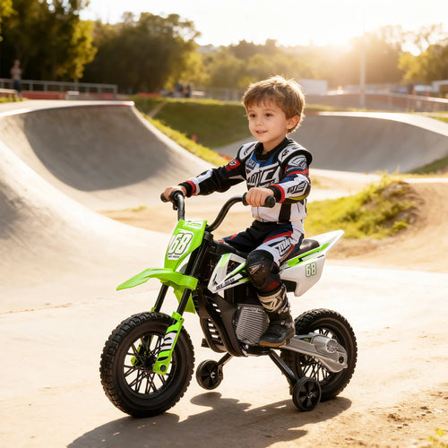 Aiyaplay 2*12V Powerful Motors Max Speed Electric Dirt Bike Kids Electric Motorbike 5 Km/H, Training Wheels and Suspension System, Music, for 3-6 Years, Green