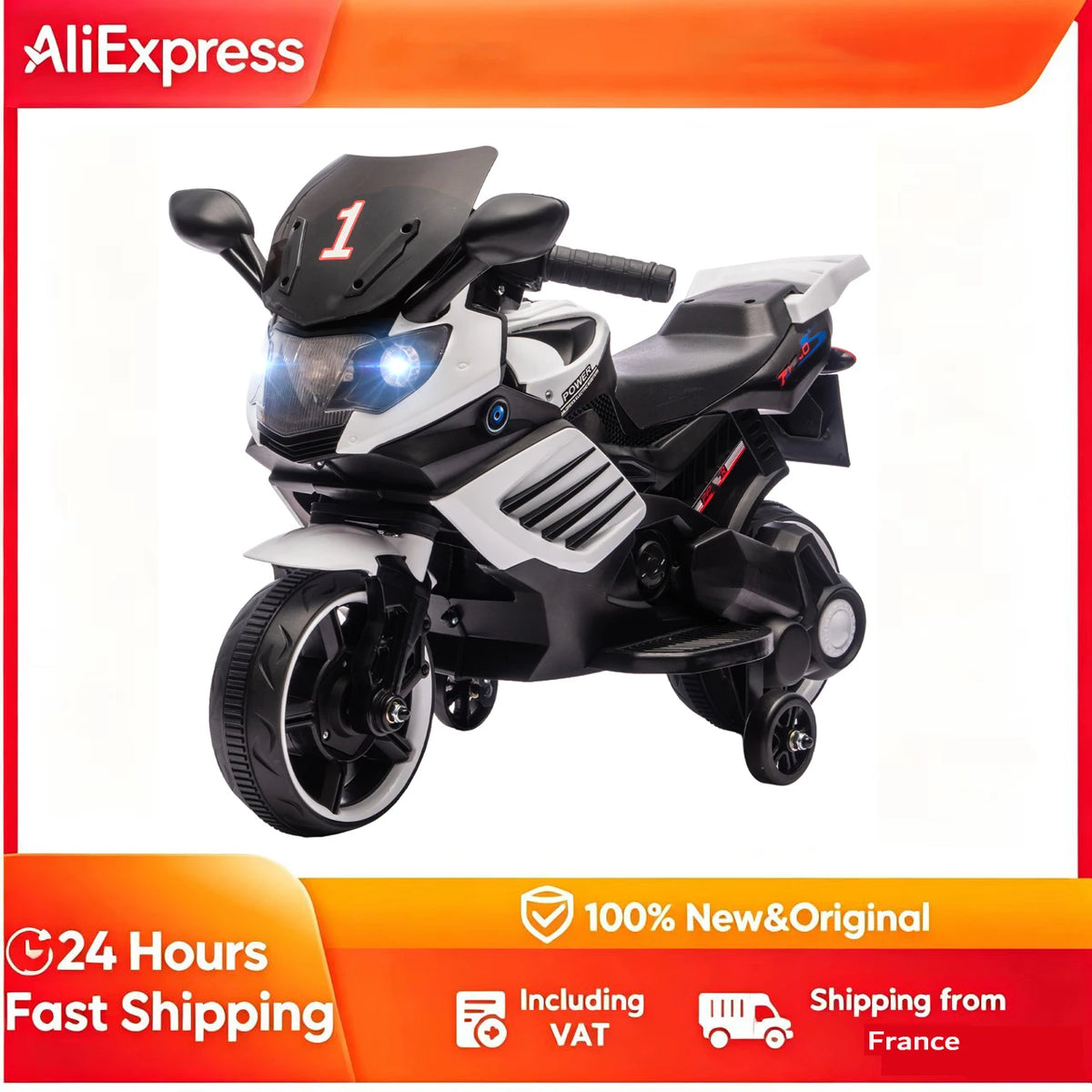 Electric motorcycle for children, 6V, electric motorcycle for kids, with training wheels, light and sound effects, white, electric toy motorcycle, bike, riding motorcycle