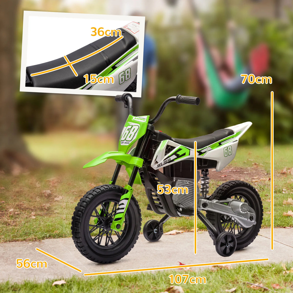 Aiyaplay 2*12V Powerful Motors Max Speed Electric Dirt Bike Kids Electric Motorbike 5 Km/H, Training Wheels and Suspension System, Music, for 3-6 Years, Green