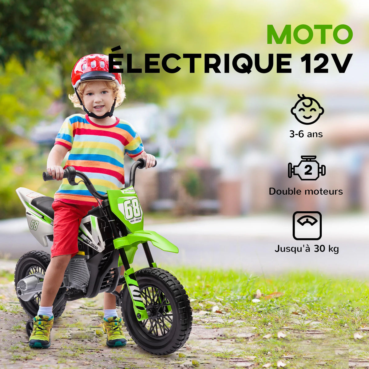 Aiyaplay 2*12V Powerful Motors Max Speed Electric Dirt Bike Kids Electric Motorbike 5 Km/H, Training Wheels and Suspension System, Music, for 3-6 Years, Green