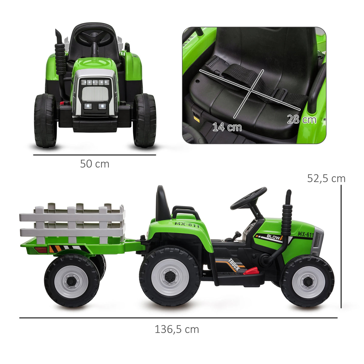 HOMCOM electric tractor with removable trailer, children electric car from 3 to 6 years with remote control Music Display