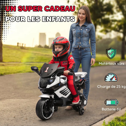 Electric motorcycle for children, 6V, electric motorcycle for kids, with training wheels, light and sound effects, white, electric toy motorcycle, bike, riding motorcycle