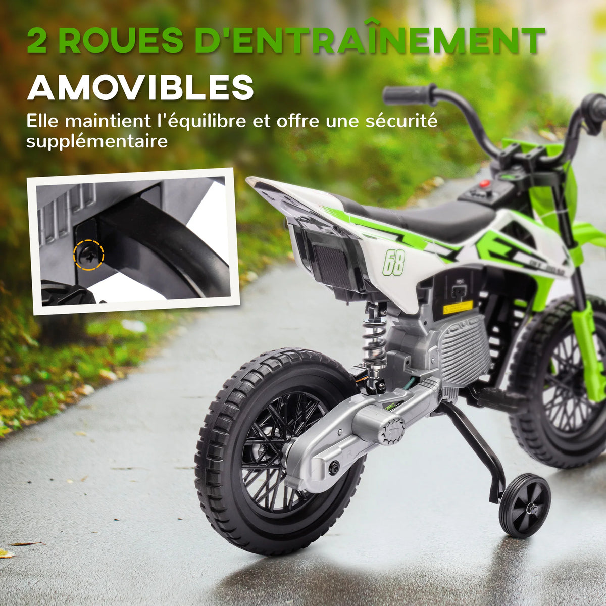 Aiyaplay 2*12V Powerful Motors Max Speed Electric Dirt Bike Kids Electric Motorbike 5 Km/H, Training Wheels and Suspension System, Music, for 3-6 Years, Green